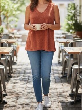 Zenana Outfitters Washed Rust V-Neck Sleeveless Tank- XL